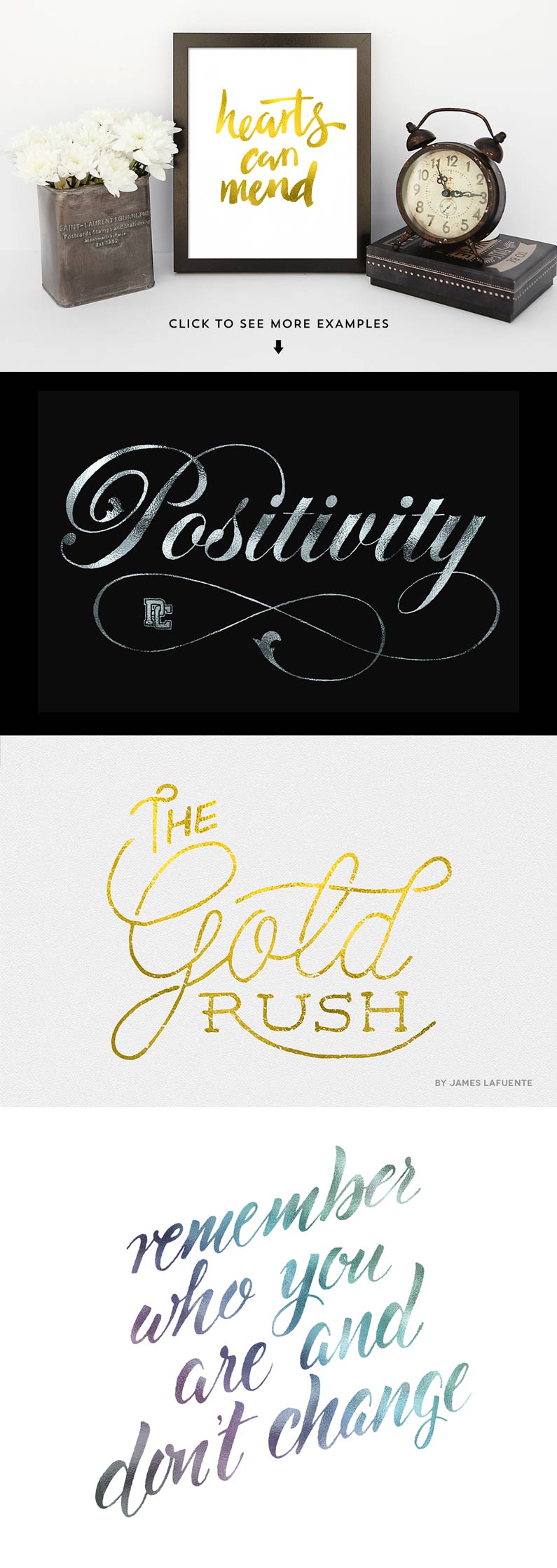 Gold leaf press hand lettering examples