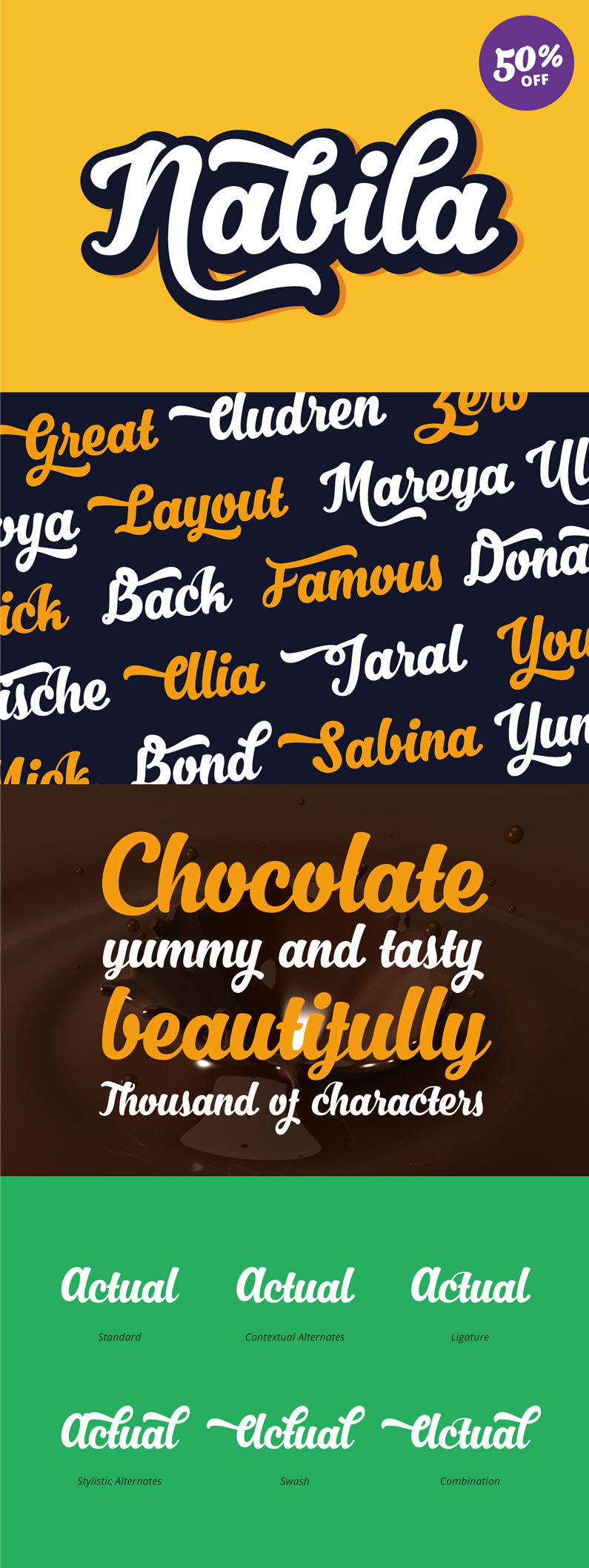 Nabila is bold, playful, modern, and multi-purpose typeface that combines brush lettering with natural handwriting. It is suitable for logos, packaging, headlines, posters, t-shirts, etc.