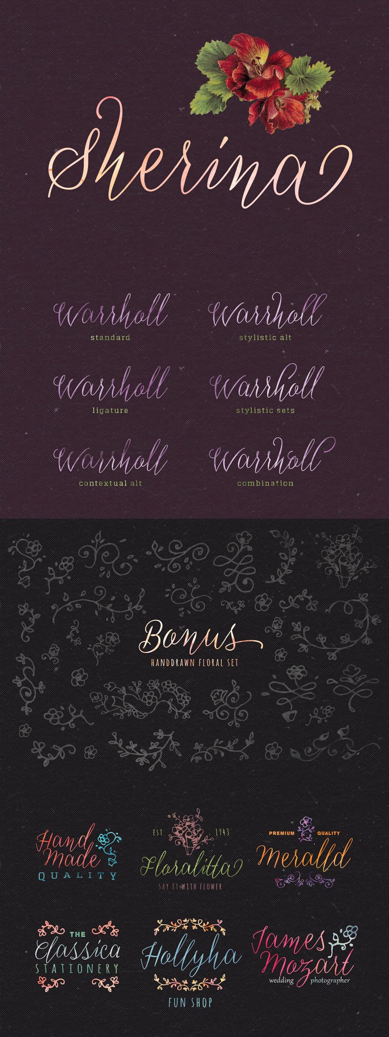 Sherina is hand written script that is fun and casual. It is suitable for wedding invitation, any greeting cards, retro / vintage design style, or any design that needs natural and personal touch.