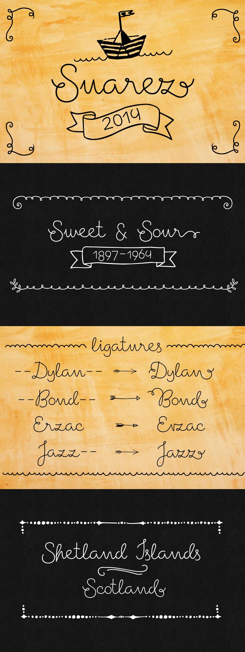 Suarez is a handwritten, fully connected script with ligatures to help with flow and readability. It can be used for invitations, greeting cards, posters, advertising, weddings, books, menus etc. 