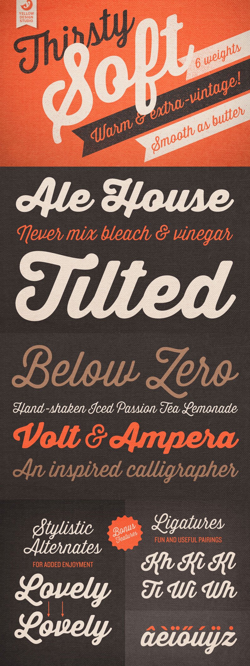 Thirsty Soft is a font that is warm, buttery smooth, adding friendliness and and extra level of vintage appeal to your design.